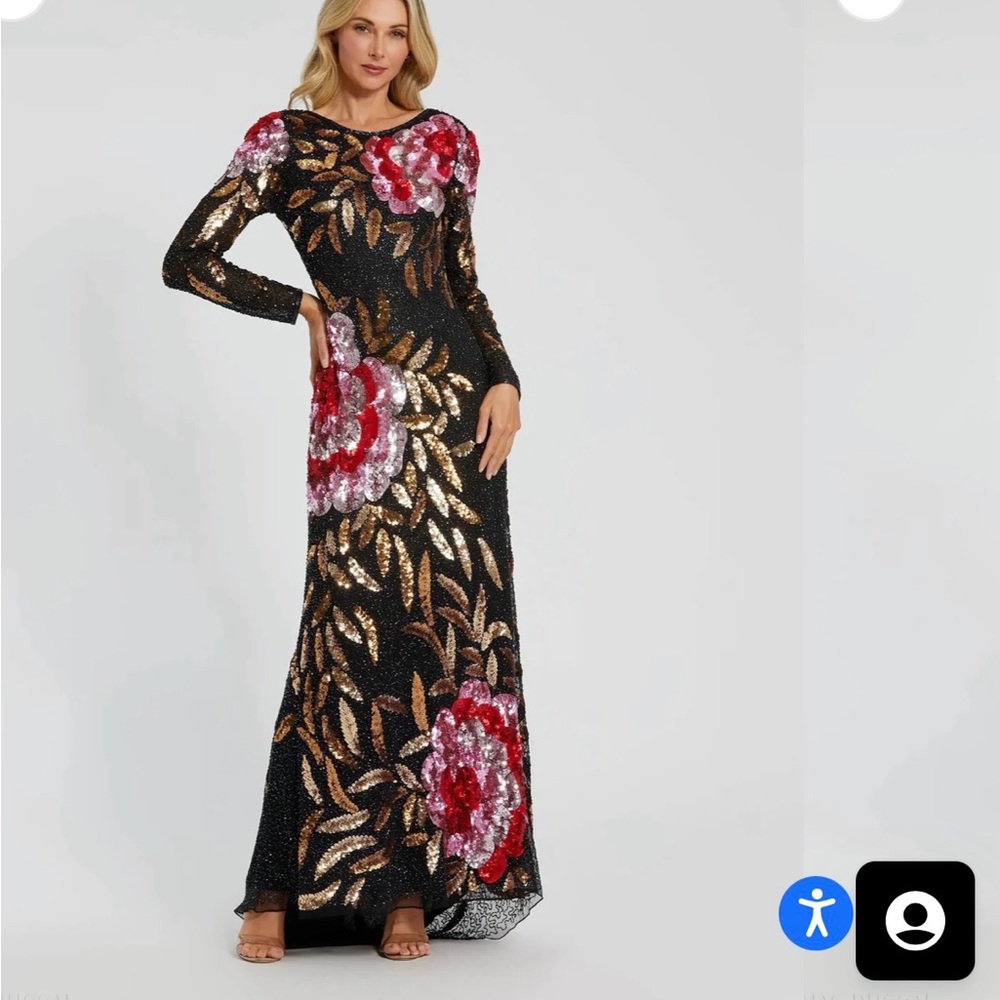 Mac Duggal Black Sequin Maxi Dress with Red & Gold Floral Embroidery